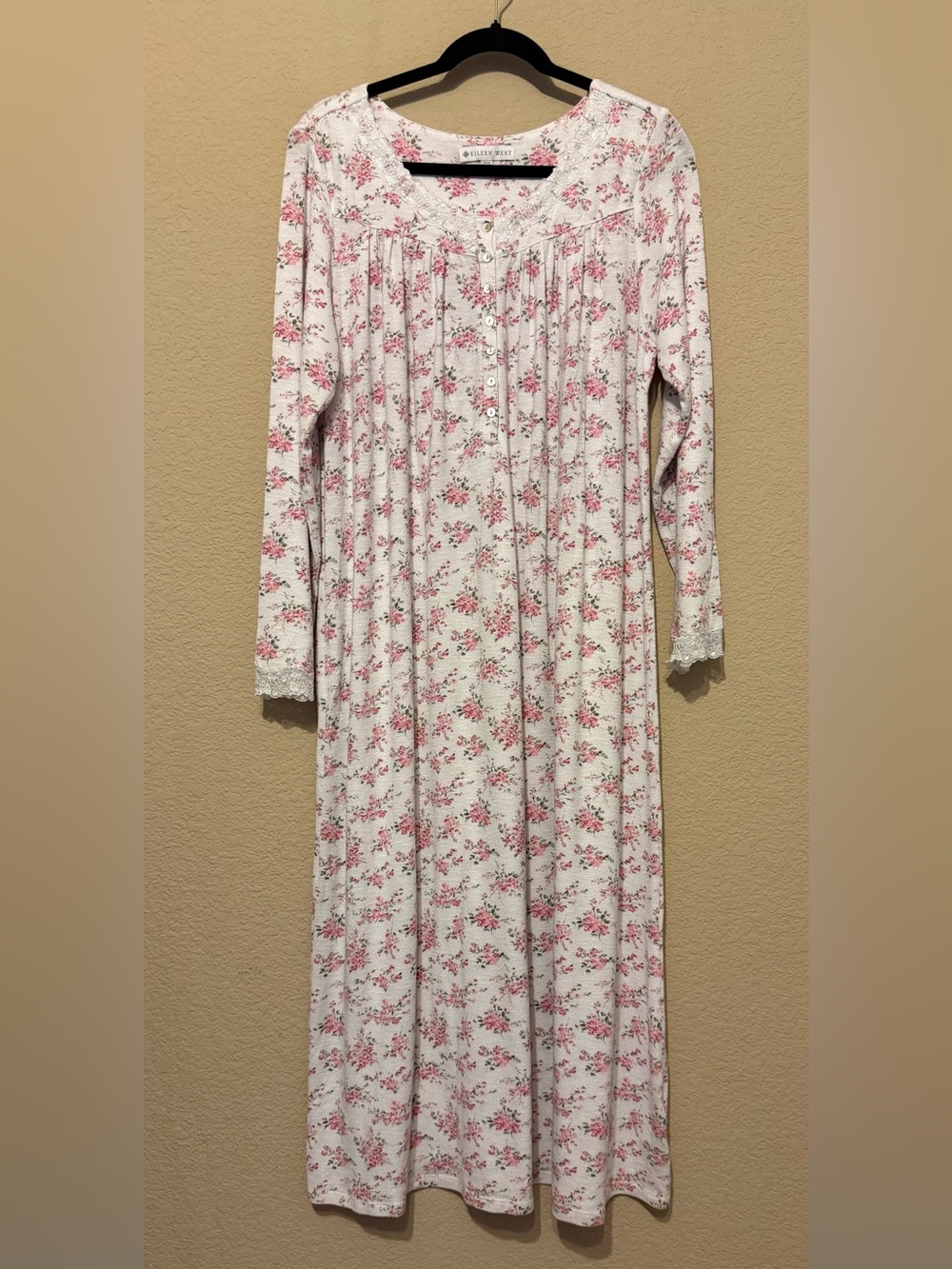 Eileen West White Multi Floral Long Sleeve Cozy Sweater Knit Ballet Nightgown M